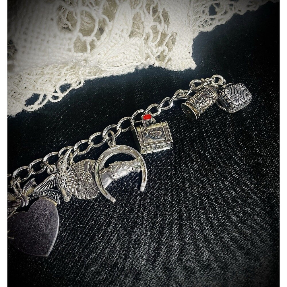Antique Vintage Retro Heavy Sterling Charm Bracelet 6.5" - Picture 3 of 8